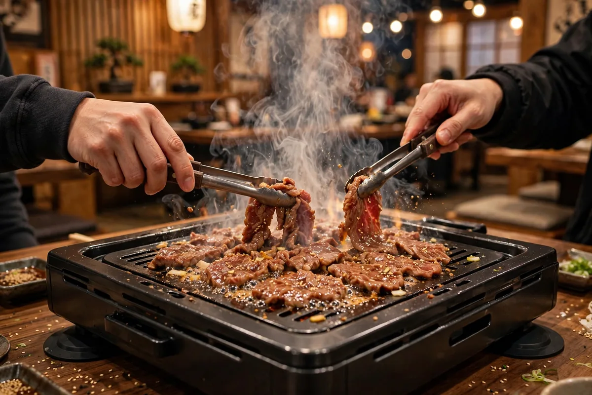 Gyu Kaku menu grill: thin-sliced marinated beef sizzling on a smokeless tabletop yakiniku grill