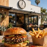 Habit Burger working hours guide: charburger restaurant storefront with clock