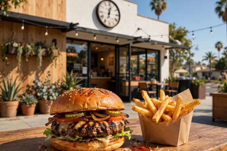 Habit Burger working hours guide: charburger restaurant storefront with clock