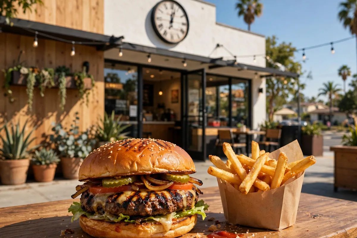 Habit Burger working hours guide: charburger restaurant storefront with clock