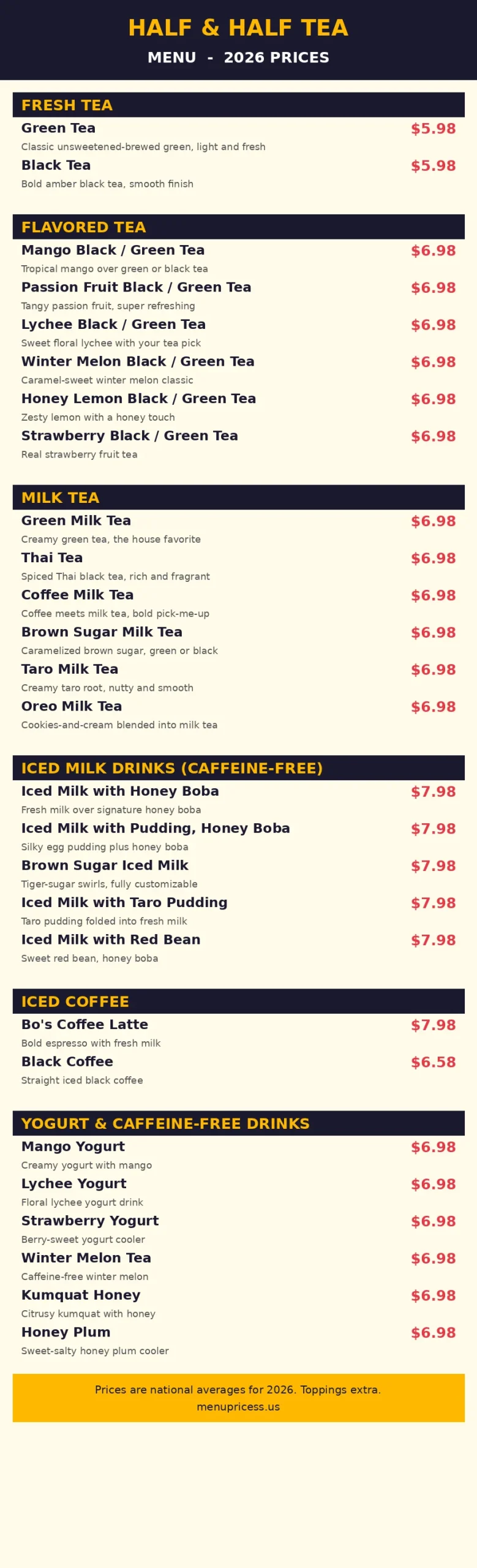 Half and Half Tea menu prices 2026 - full menu card with prices