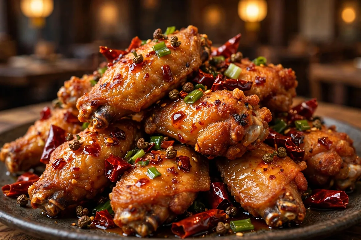 Han Dynasty dry pepper chicken wings with chili peppers and Sichuan peppercorns