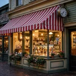 Handel's ice cream parlor storefront with clock at dusk.