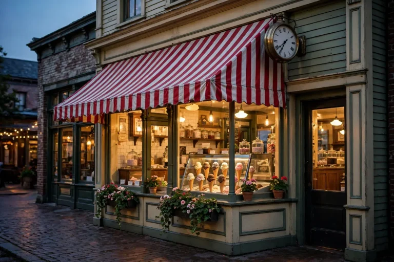 Handel's ice cream parlor storefront with clock at dusk.