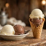 Handel's ice cream calories - vanilla and chocolate scoops in a dish and waffle cone