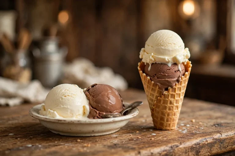Handel's ice cream calories - vanilla and chocolate scoops in a dish and waffle cone