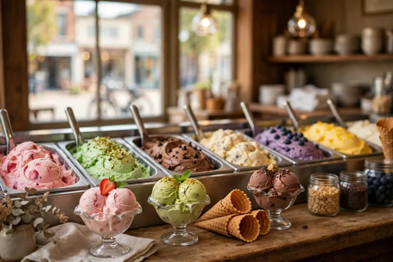 Handel's Ice Cream parlor counter with homemade ice cream tubs, scoops and waffle cones