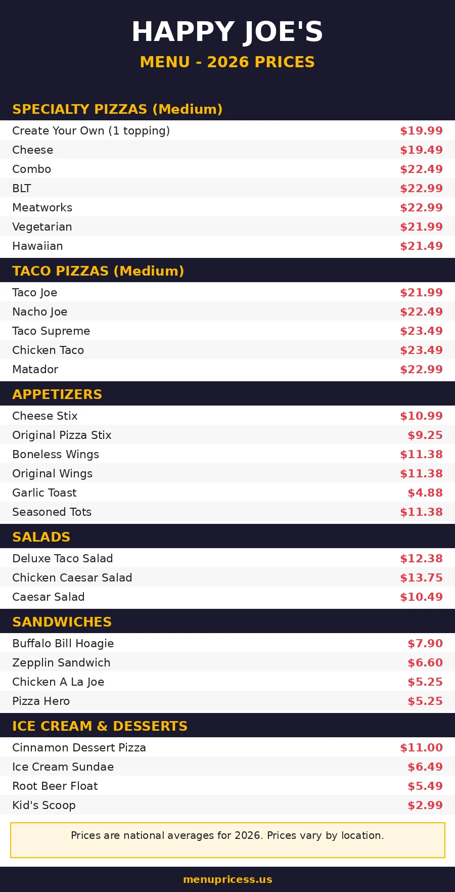 Happy Joe's pizza menu prices 2026 menu card