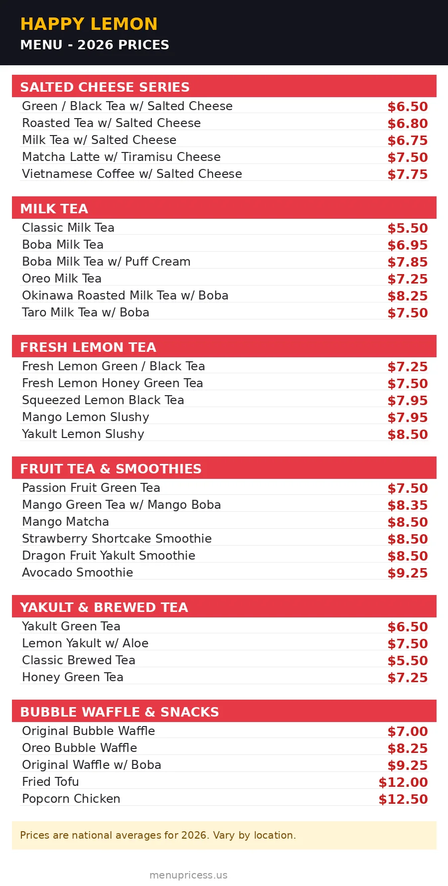 Happy Lemon menu prices 2026 menu card with full drink and snack prices