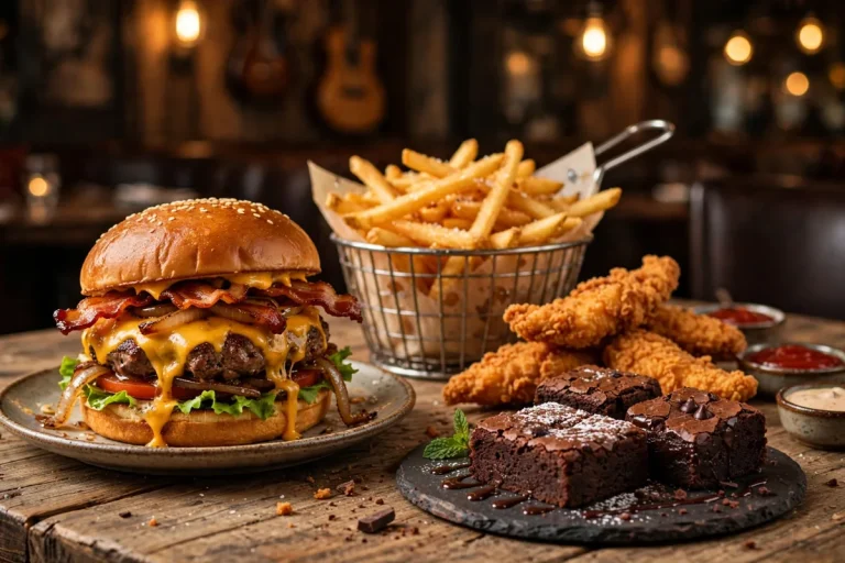 Hard Rock Cafe menu prices 2026 burger fries chicken tenders and brownie table spread
