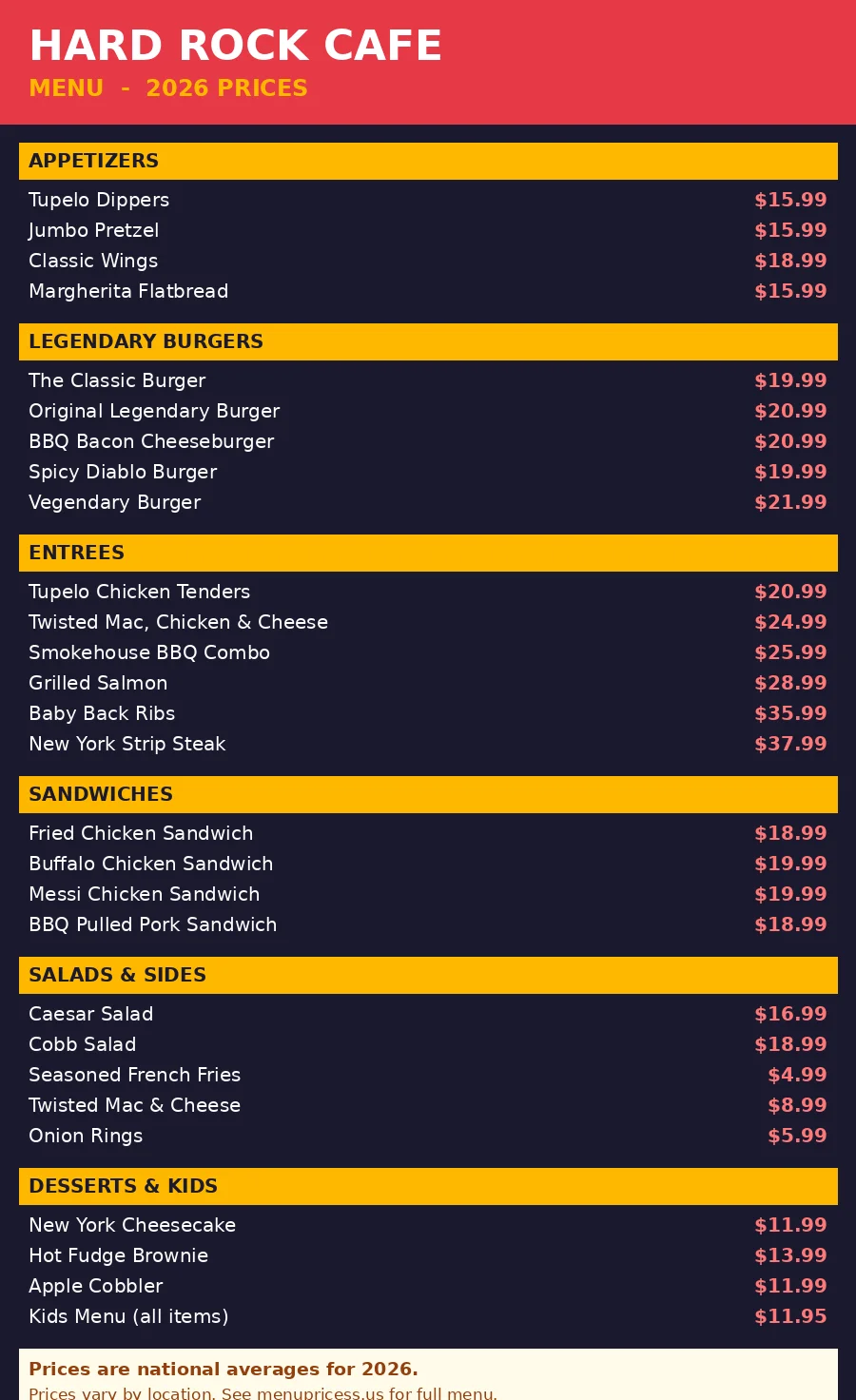 Hard Rock Cafe menu prices 2026 full menu card with burgers entrees and dessert prices