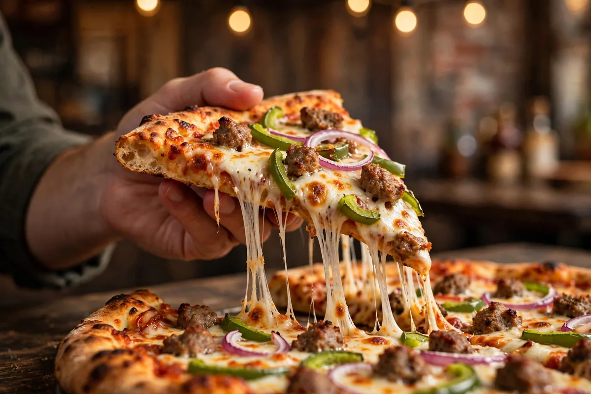 Hideaway Pizza specialty pizza with melted cheese and pepperoni, menu prices 2026