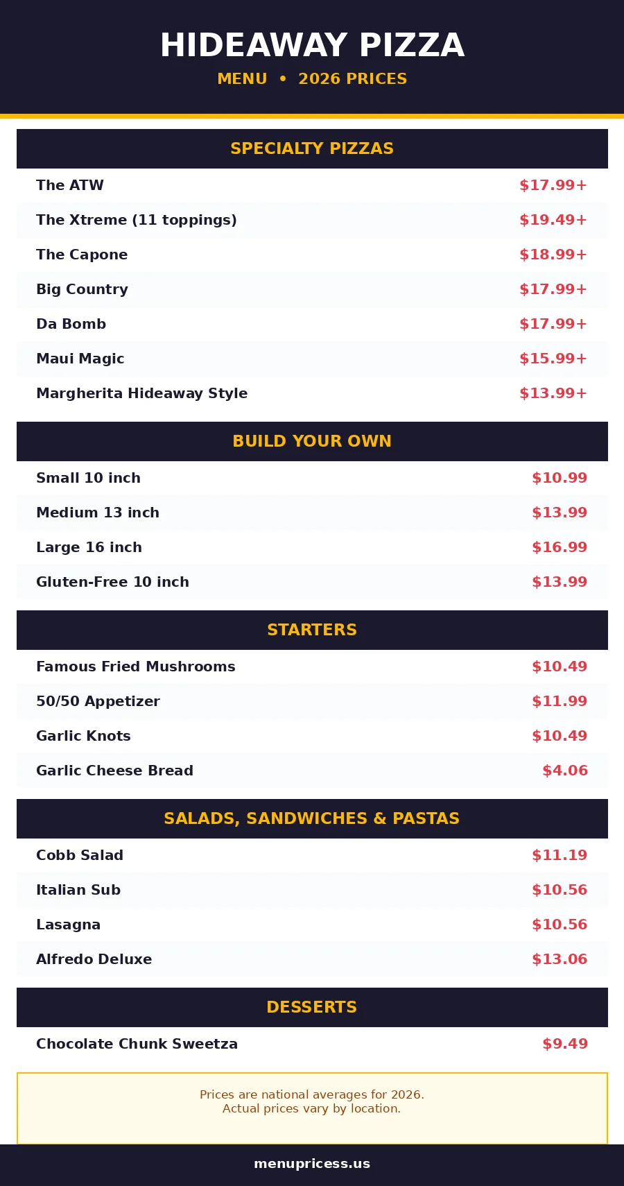 Hideaway Pizza menu prices 2026 menu card with specialty pizza prices