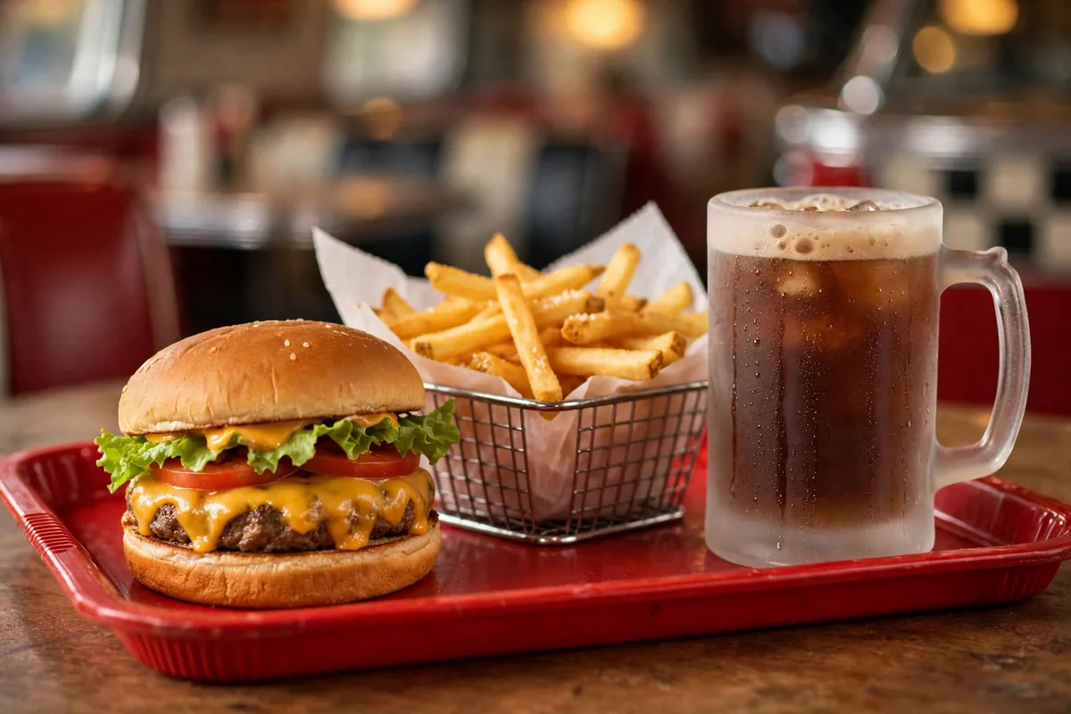 Hires Big H menu prices 2026 classic cheeseburger fresh cut fries and frosty root beer mug