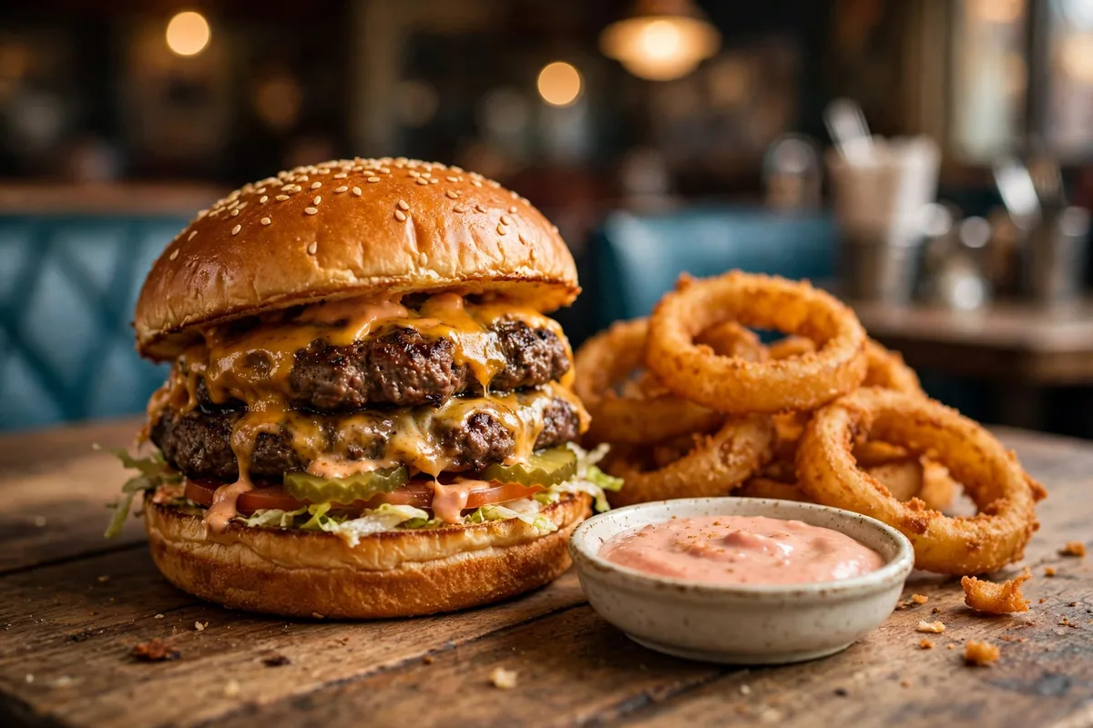 Hires Big H burger close-up with onion rings and fry sauce, menu prices 2026
