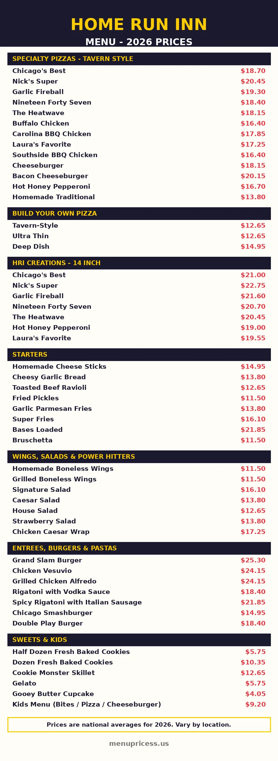 Home Run Inn menu prices 2026 full menu card