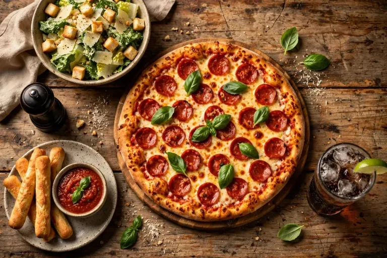 Hometown Pizza menu prices 2026 full pizza spread with breadsticks and soda