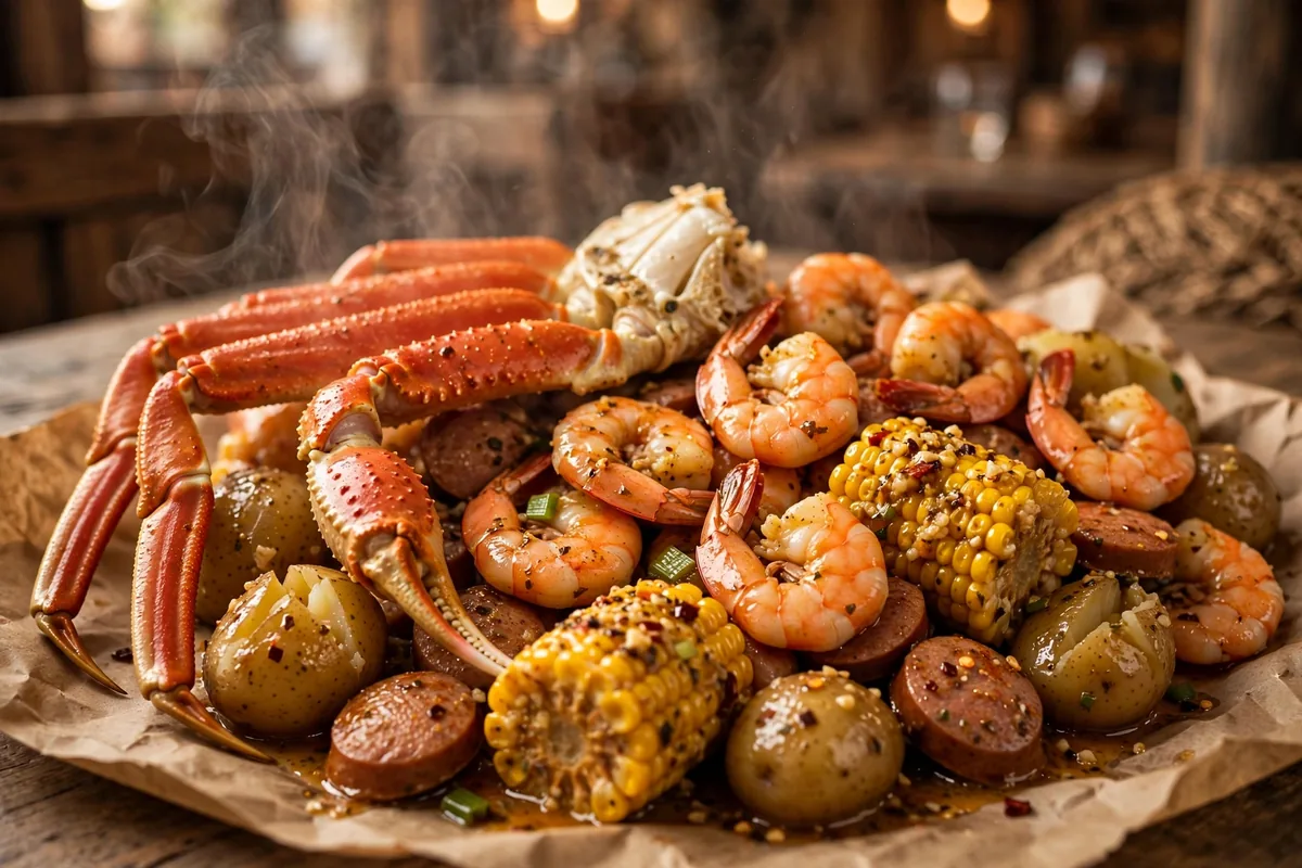 Hook and Reel menu prices 2026 Cajun seafood boil with crab legs shrimp corn and potatoes
