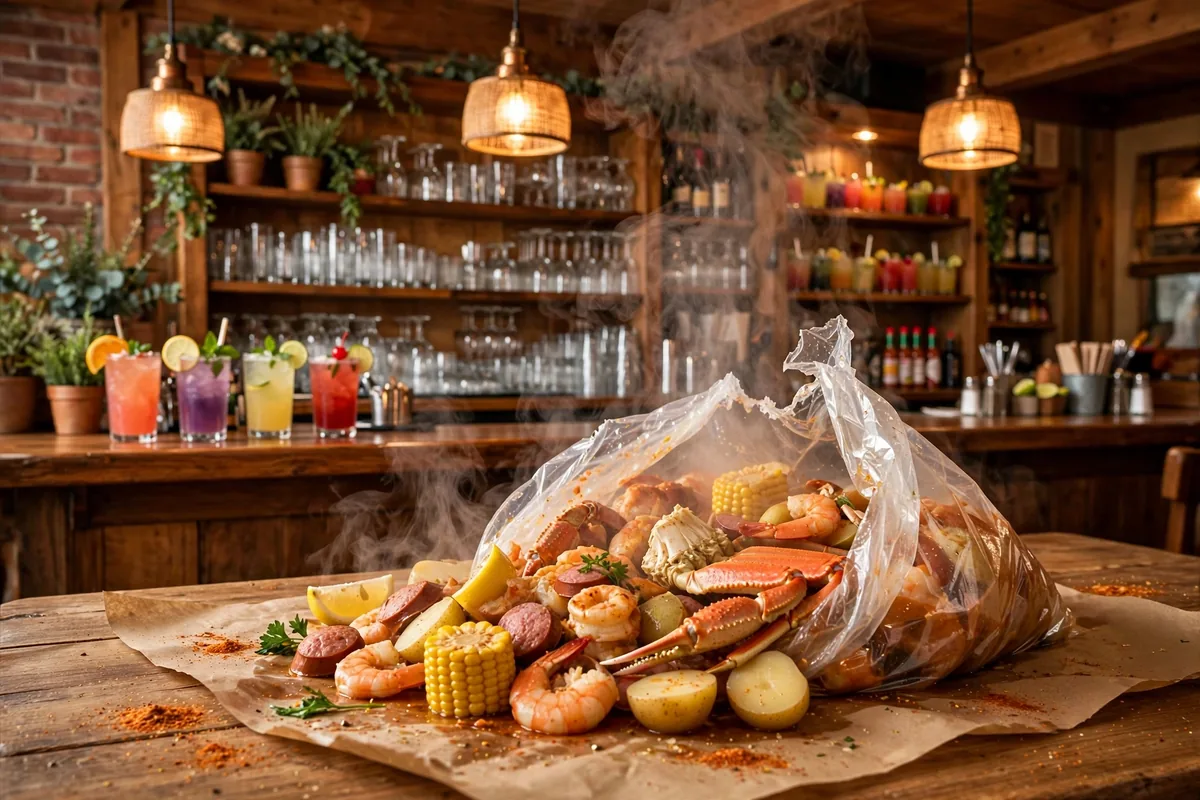 Hook and Reel menu prices 2026 steaming seafood boil bag at the restaurant bar
