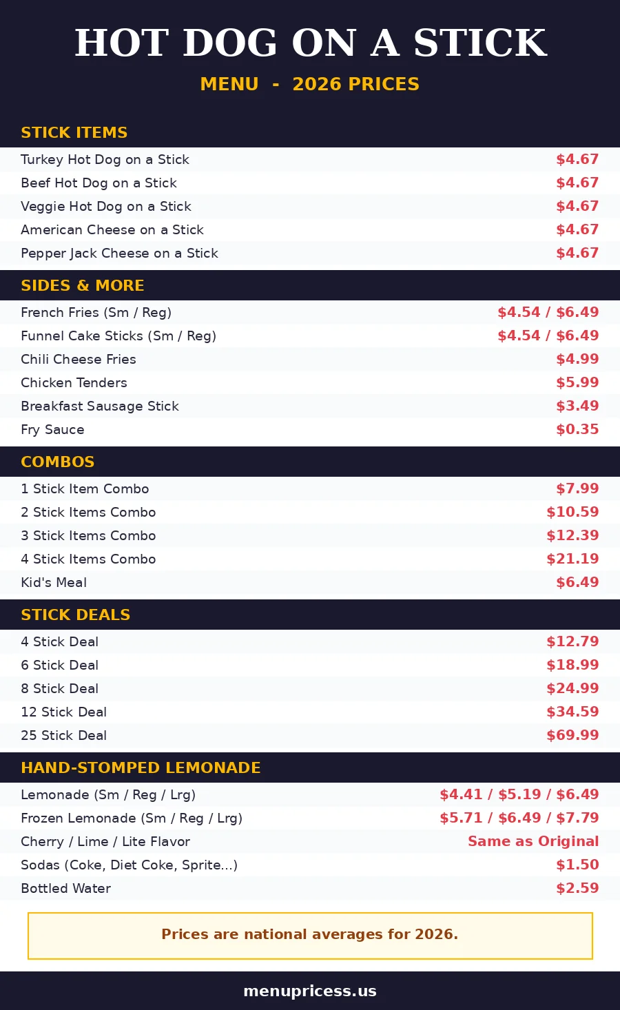 Hot Dog on a Stick menu prices 2026 menu card