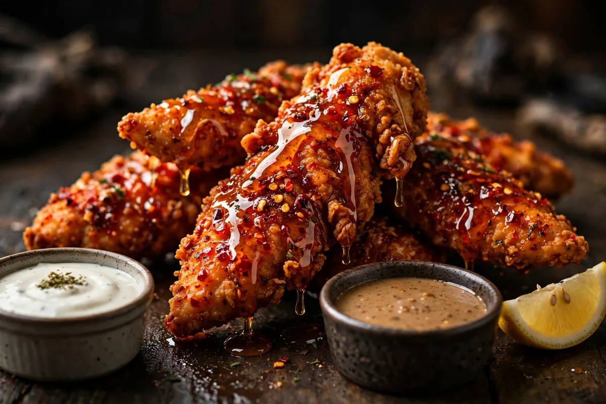 Houston TX hot chicken menu prices 2026 hot chicken tenders with honey glaze and dipping sauces
