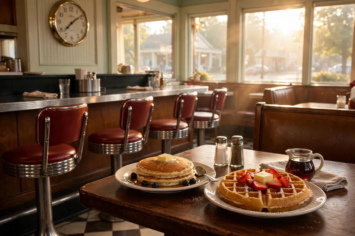 Huddle House locations near me restaurant interior with morning hours clock