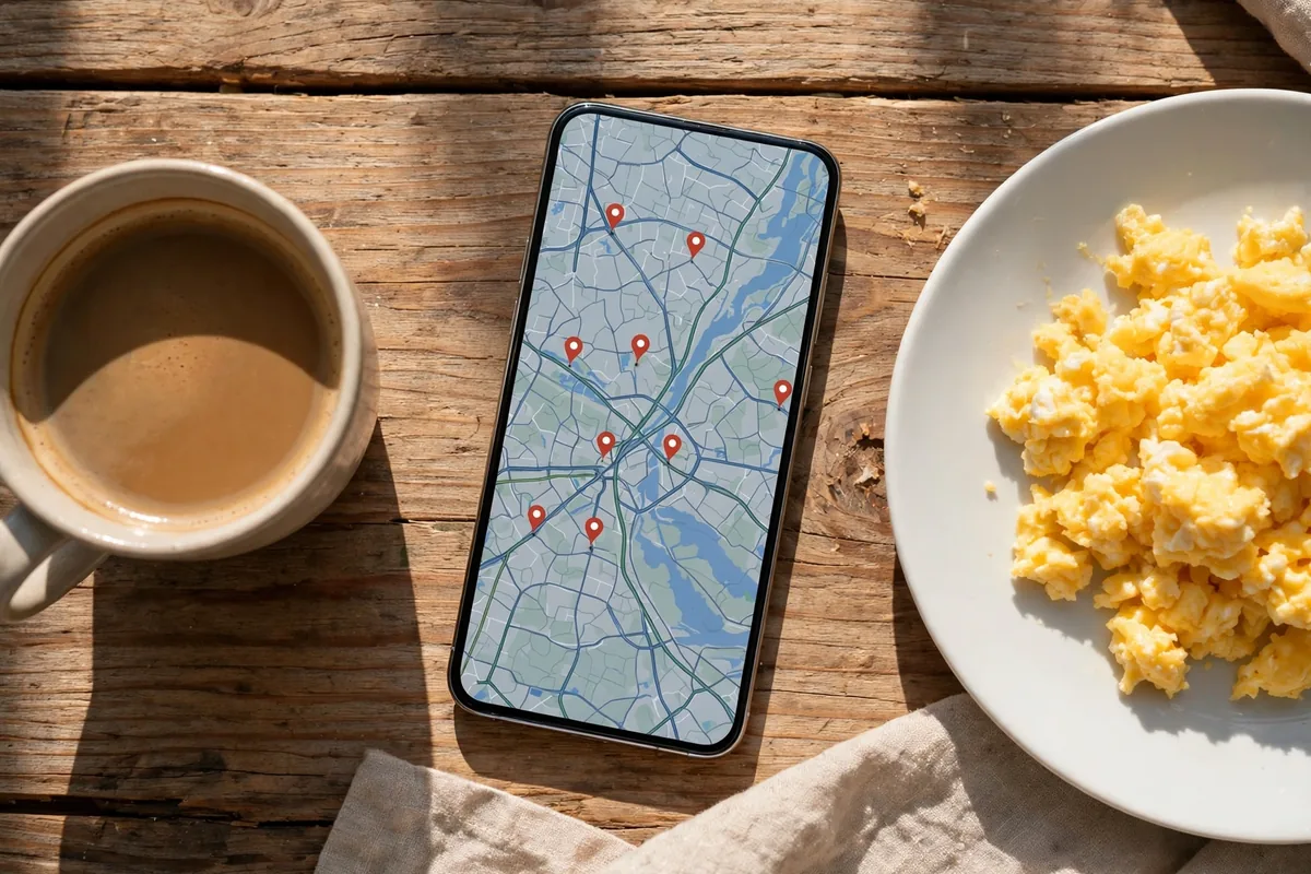 Smartphone showing Huddle House locations near me on a map with location pins
