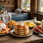 Huddle House menu 2026 breakfast spread with golden waffles, pancakes, bacon and eggs