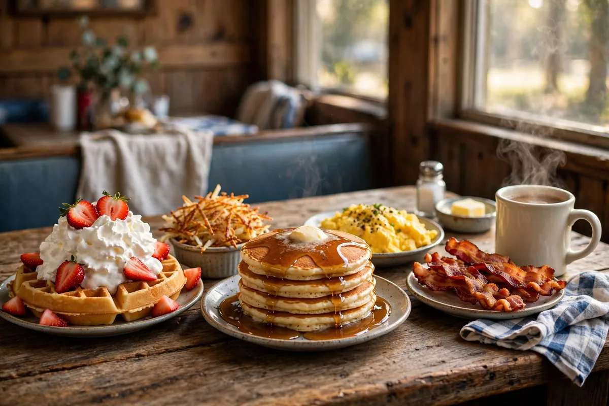 Huddle House menu 2026 breakfast spread with golden waffles, pancakes, bacon and eggs
