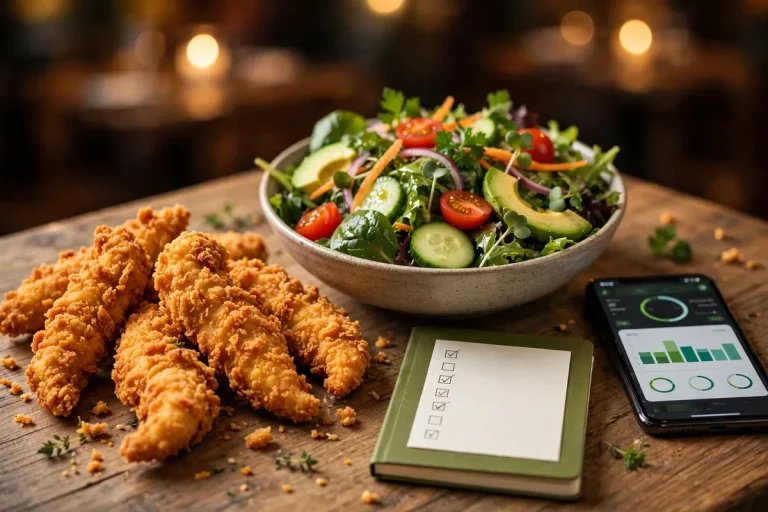 Huey Magoo's crispy chicken tenders with a fresh garden salad, nutrition tracking