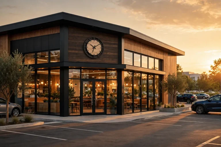 Huey Magoo's restaurant exterior at sunset with clock