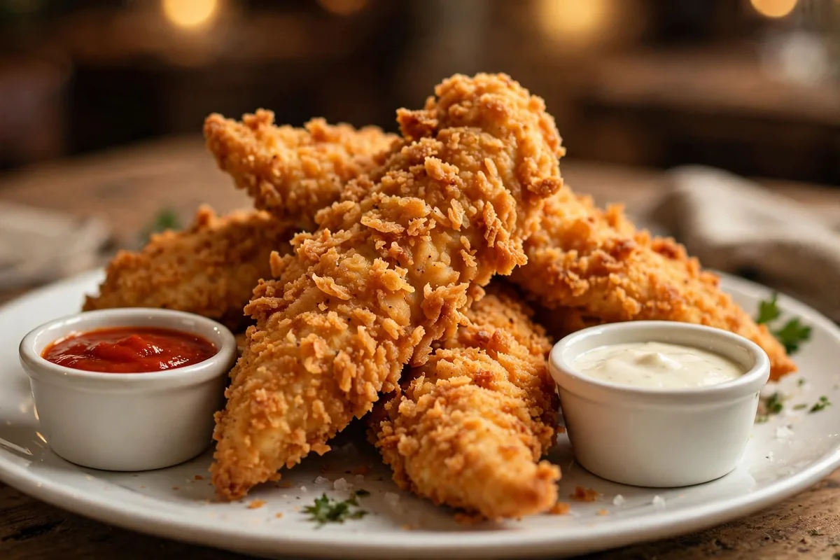 Crispy golden chicken tenders with dipping sauces, Huey Magoo's secret menu guide