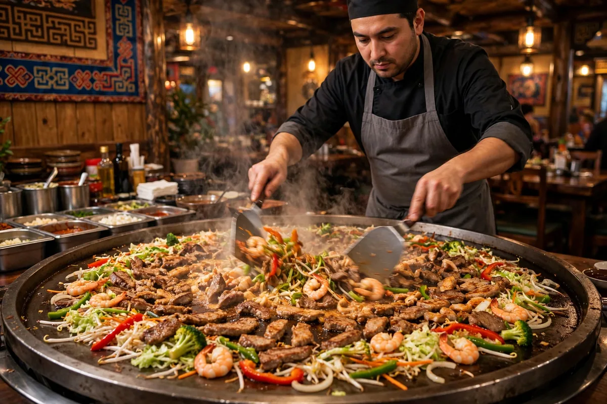 Chef grilling a HuHot Mongolian Grill menu stir fry bowl on the giant open grill