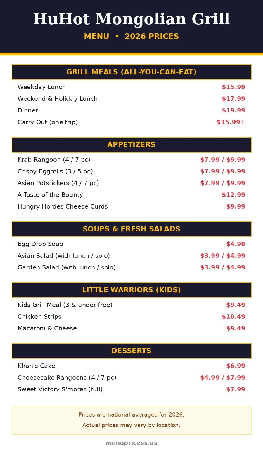HuHot Mongolian Grill menu prices 2026 menu card with grill meals, appetizers, salads and kids prices