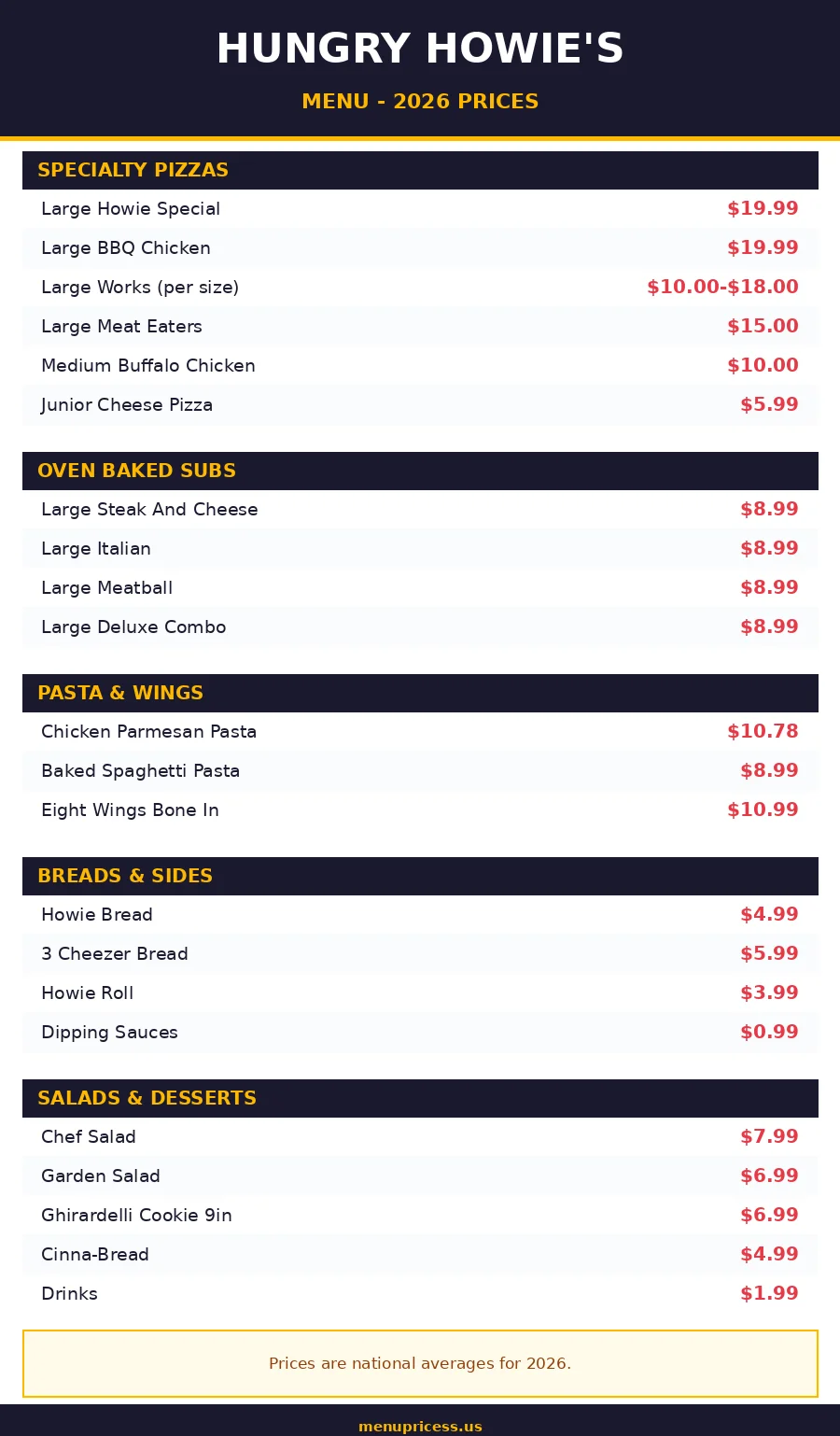 Hungry Howie's menu card with prices 2026