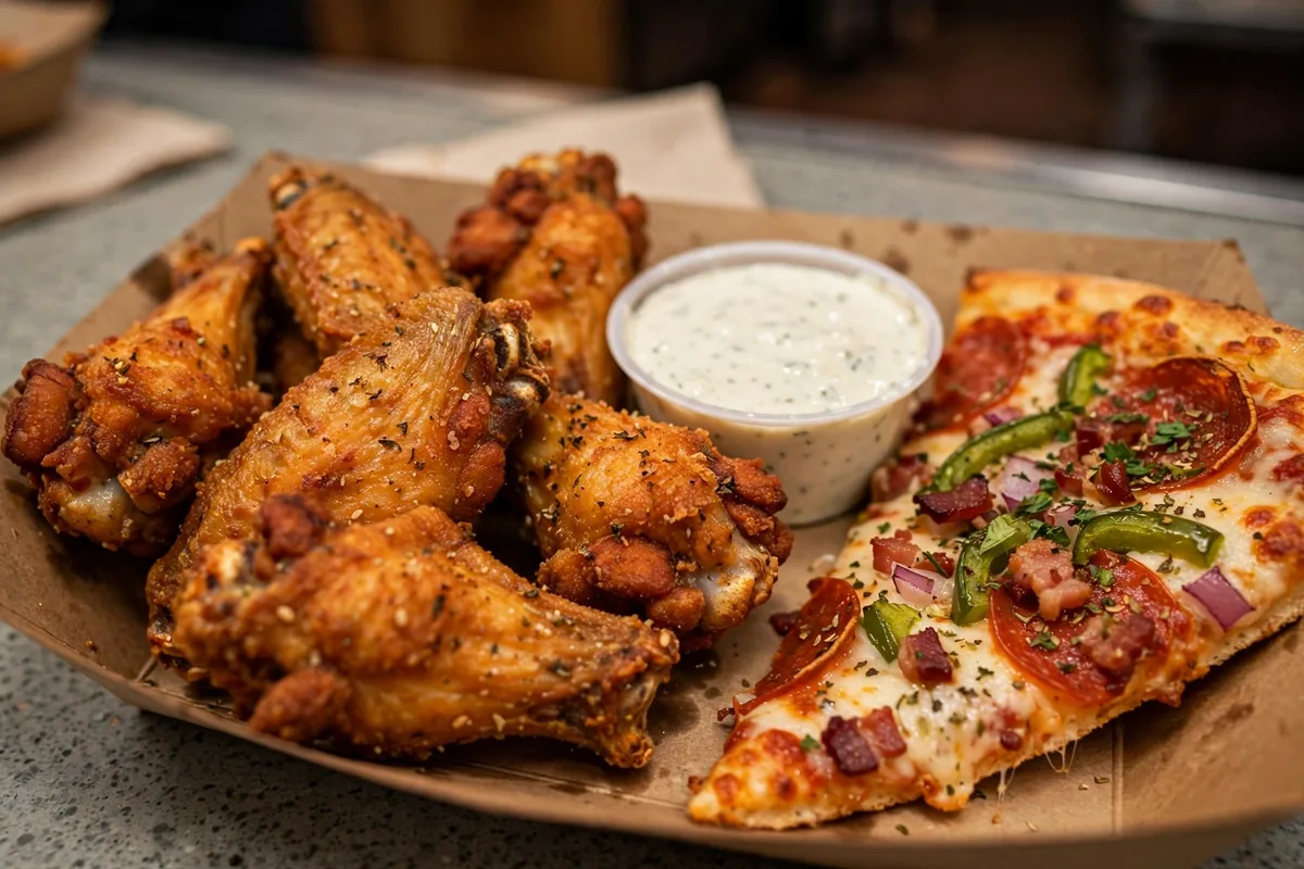 Hunt Brothers Pizza menu prices crispy wings and loaded pizza slice
