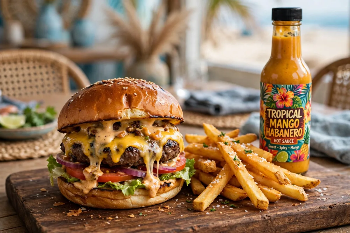 Hurricane Grill Wings menu prices 2026 juicy burger with fries and tropical sauce