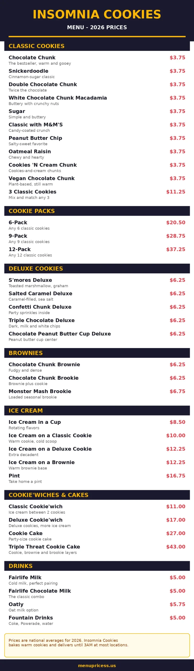 Insomnia Cookies menu card with 2026 prices