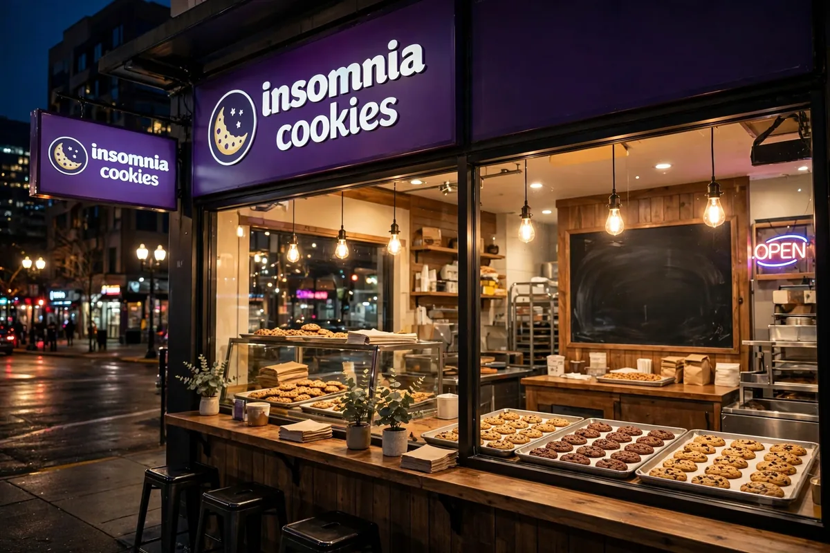 Insomnia Cookies working hours storefront at night