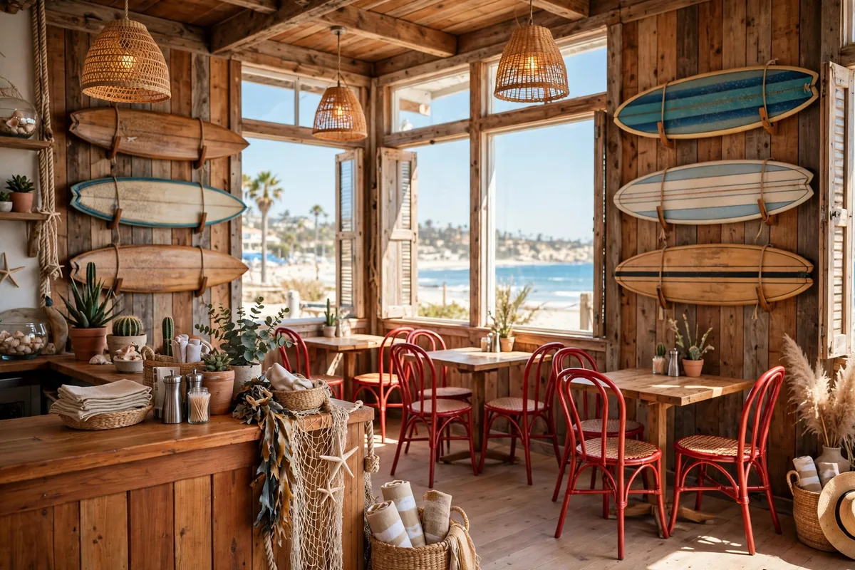 Islands restaurants menu prices 2026 beach-themed restaurant interior with surf decor