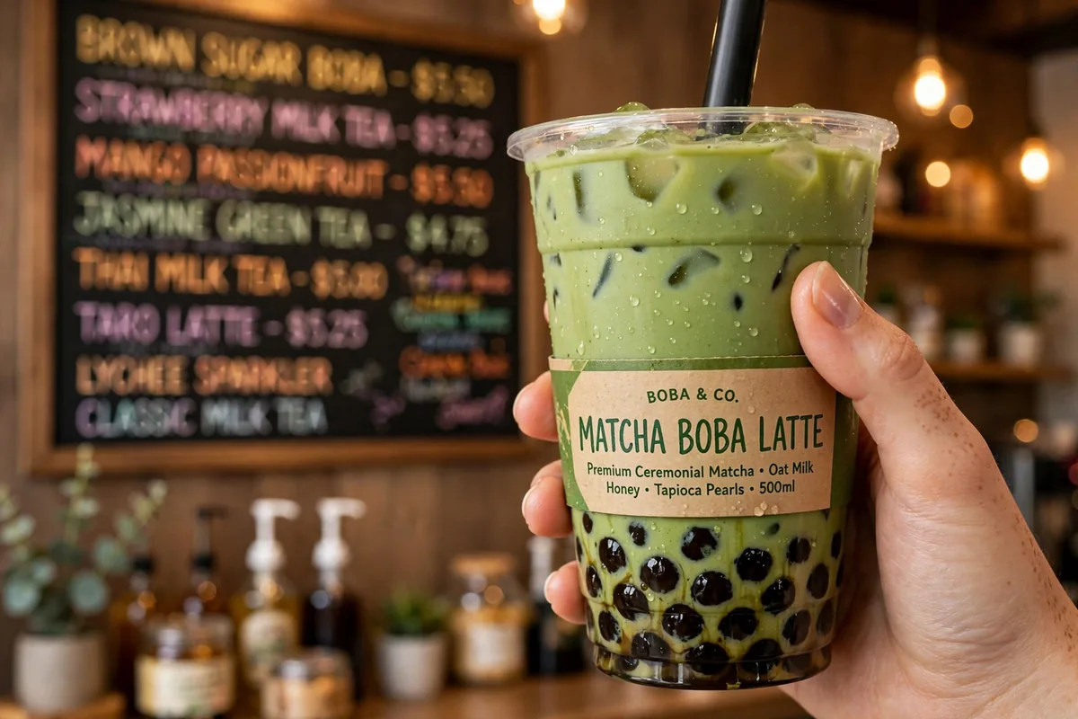 Its Boba Time menu 2026 matcha boba latte with tapioca pearls at boba shop counter