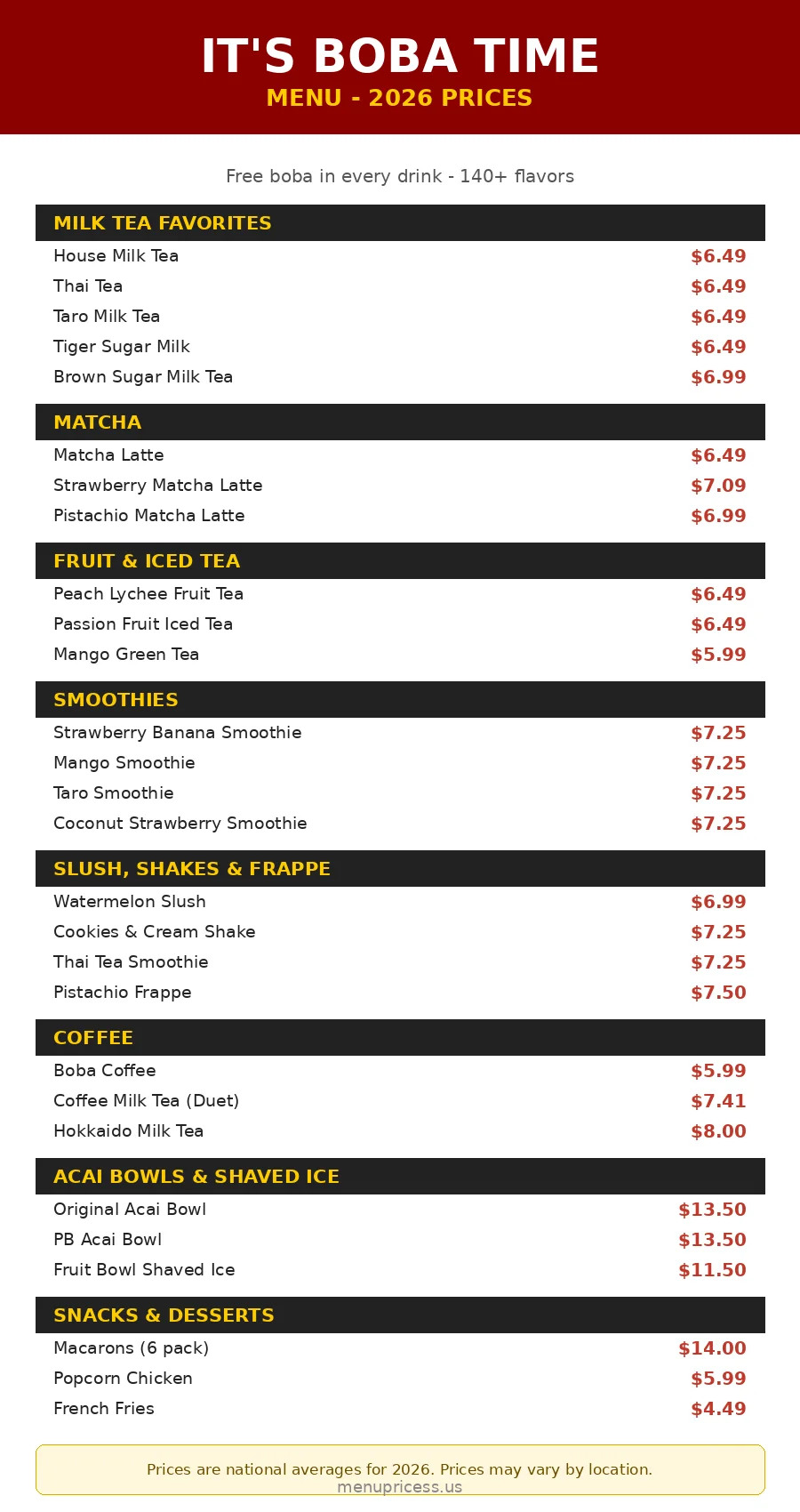 Its Boba Time menu prices 2026 menu card with milk tea smoothie acai bowl and snack prices