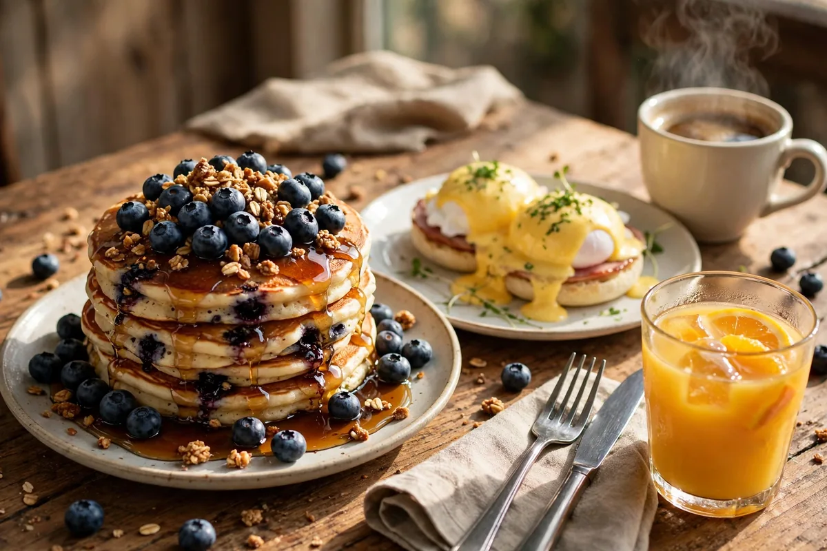 J Christophers menu prices 2026 blueberry pancakes and breakfast spread