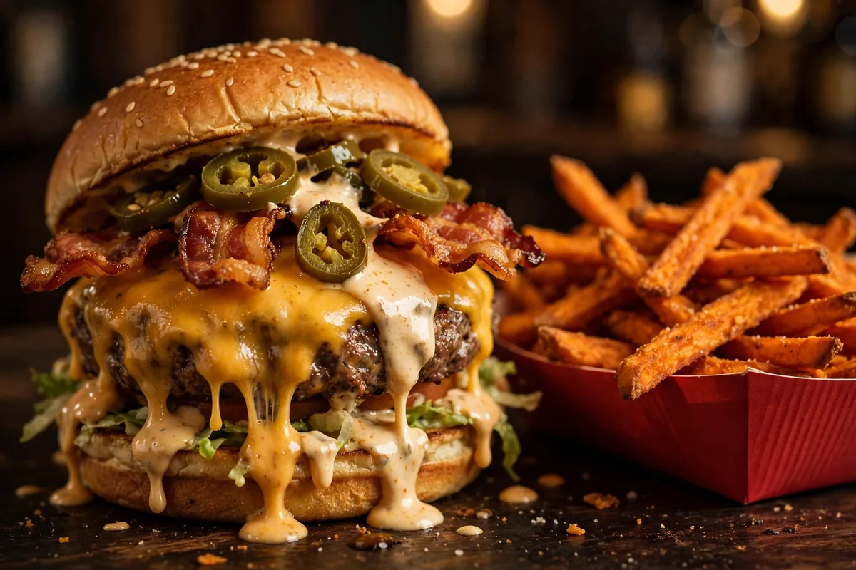 Jack Brown's burger menu - loaded cheeseburger with sweet potato fries 2026