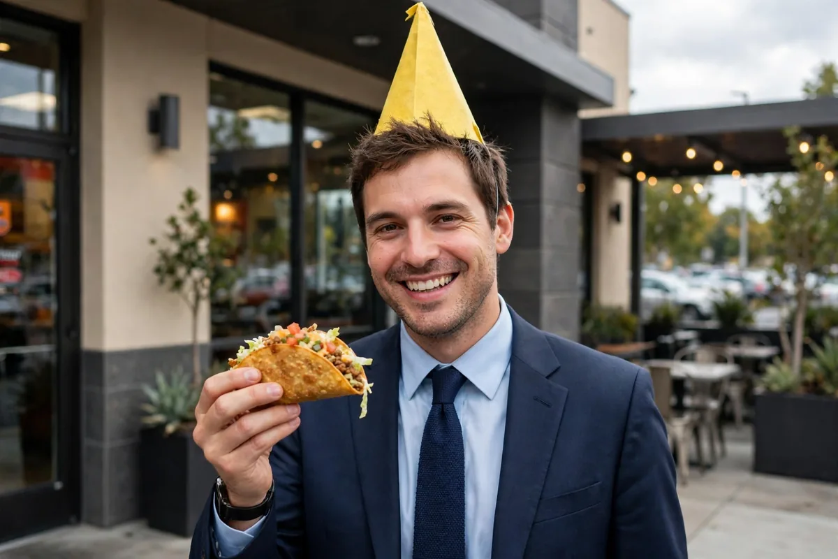 Man dressed like Jack holding a free Jack in the Box Monster Taco
