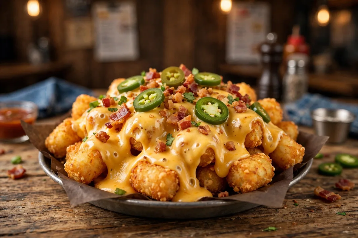 Jake's Burgers and Beer loaded tater tots with queso and bacon, popular menu item