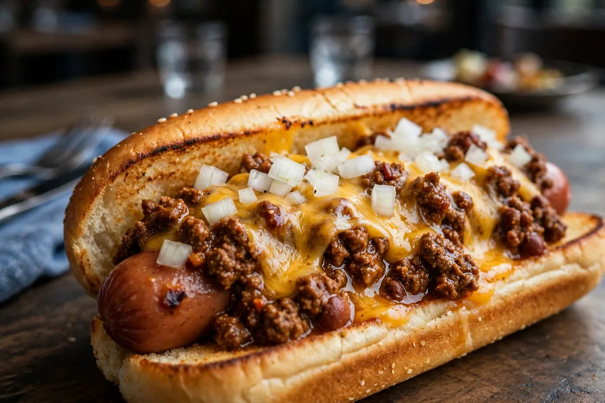 James Coney Island menu prices 2026 gourmet chili cheese hot dog with melted cheese and onions