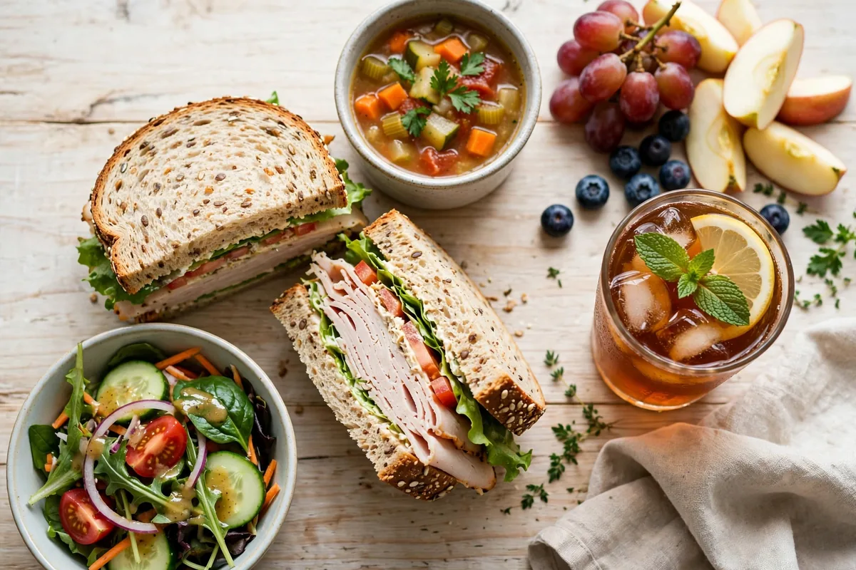 Jason's Deli menu calories: turkey sandwich, side salad, soup and iced tea