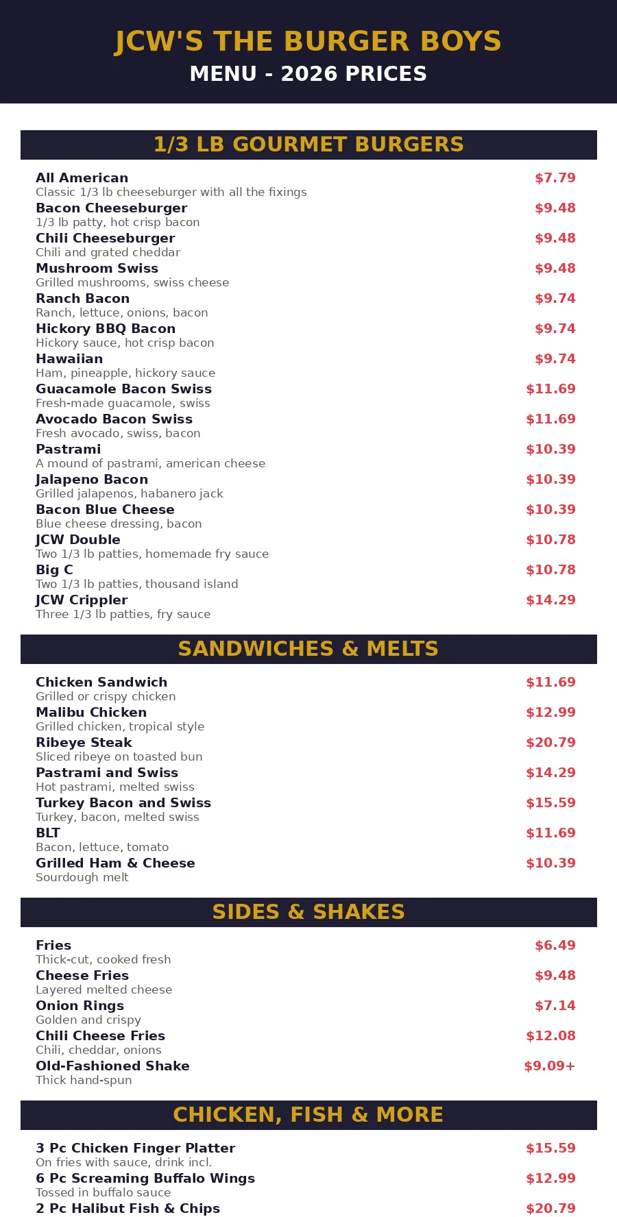 JCW's menu prices 2026 menu card with burgers, sandwiches and sides prices