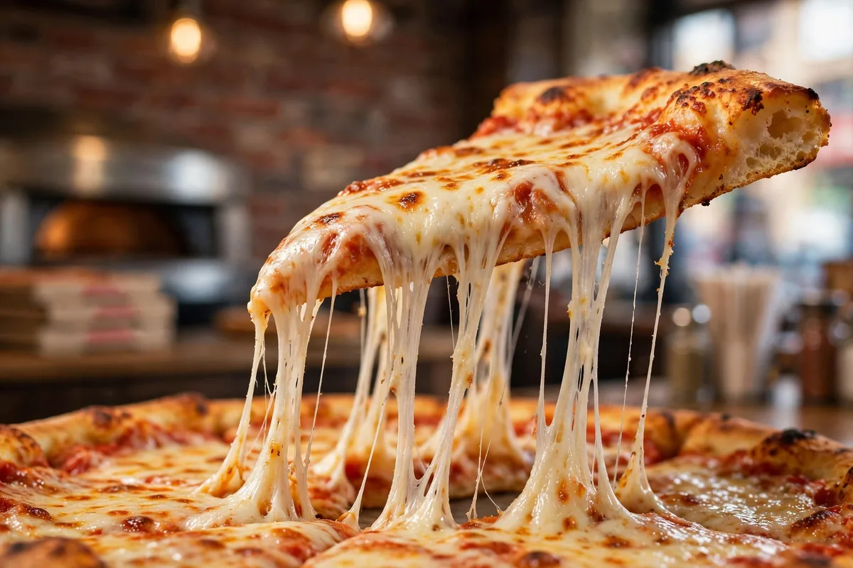 Joe's Pizza cheese slice with melted cheese pull, NYC menu prices 2026